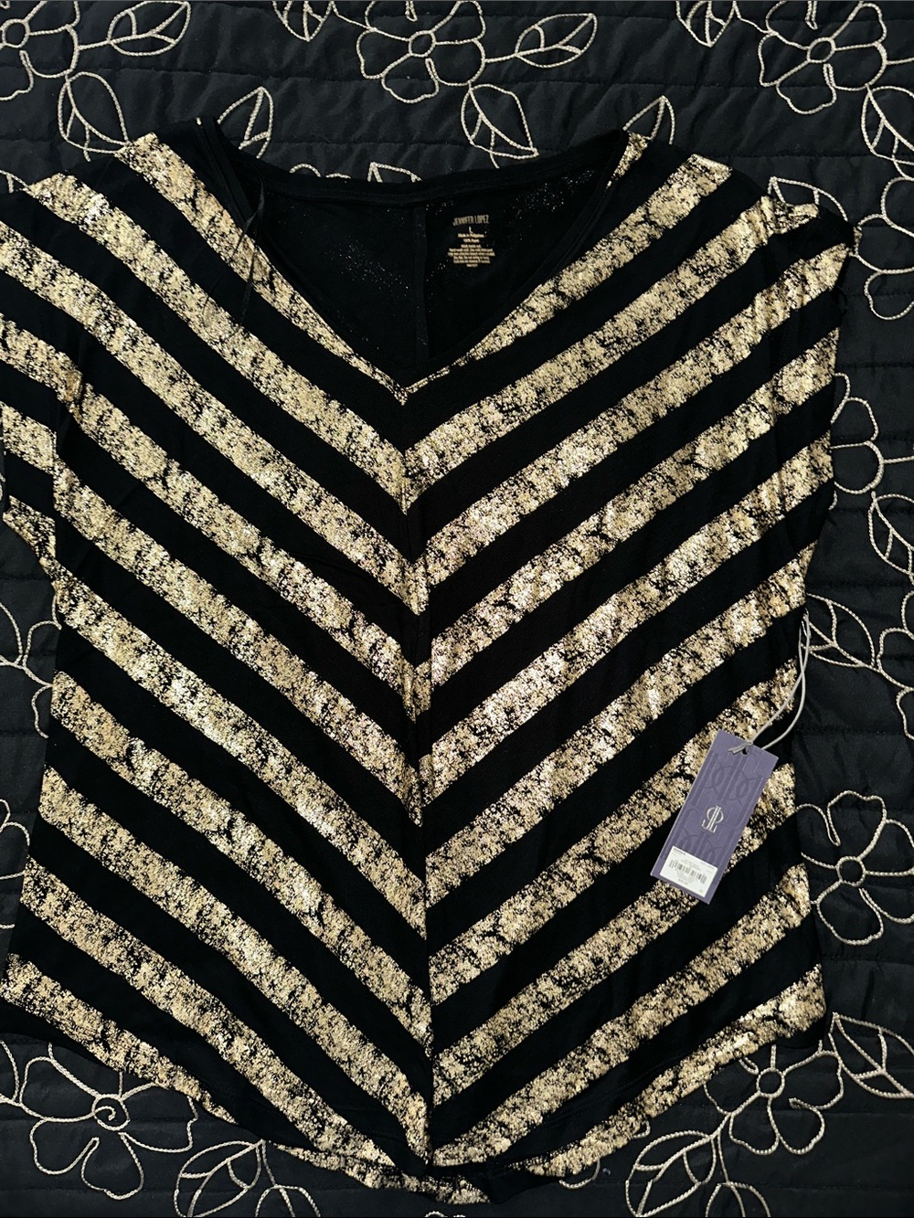 Jennifer Lopez Black and Gold Striped Short Sleeve Tee